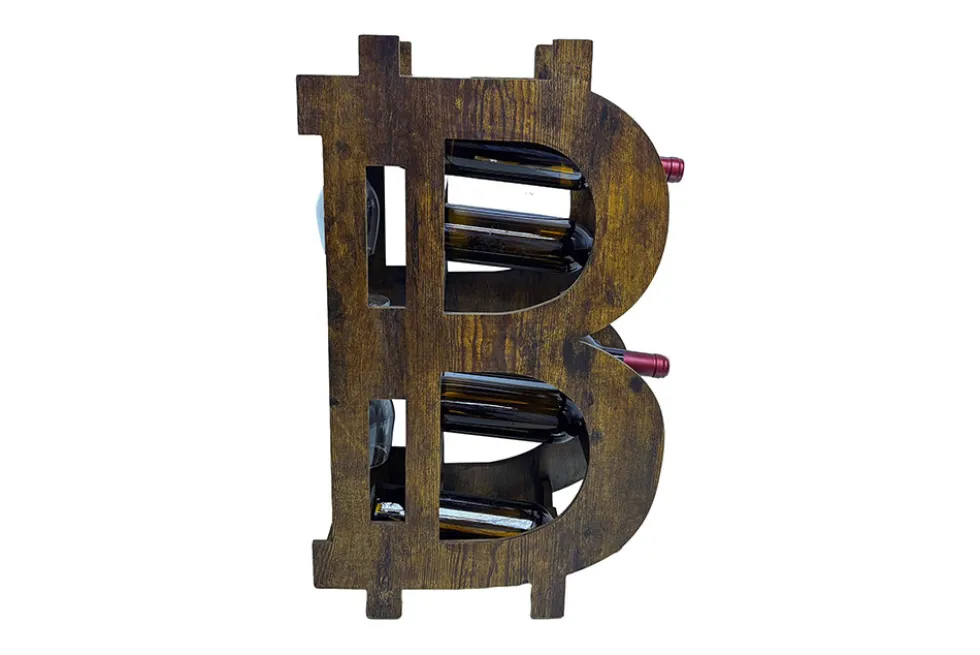 Stilvolles Weinregal BITCOIN 70cm natur Holzregal für 10 Flaschen und 4 Gläser