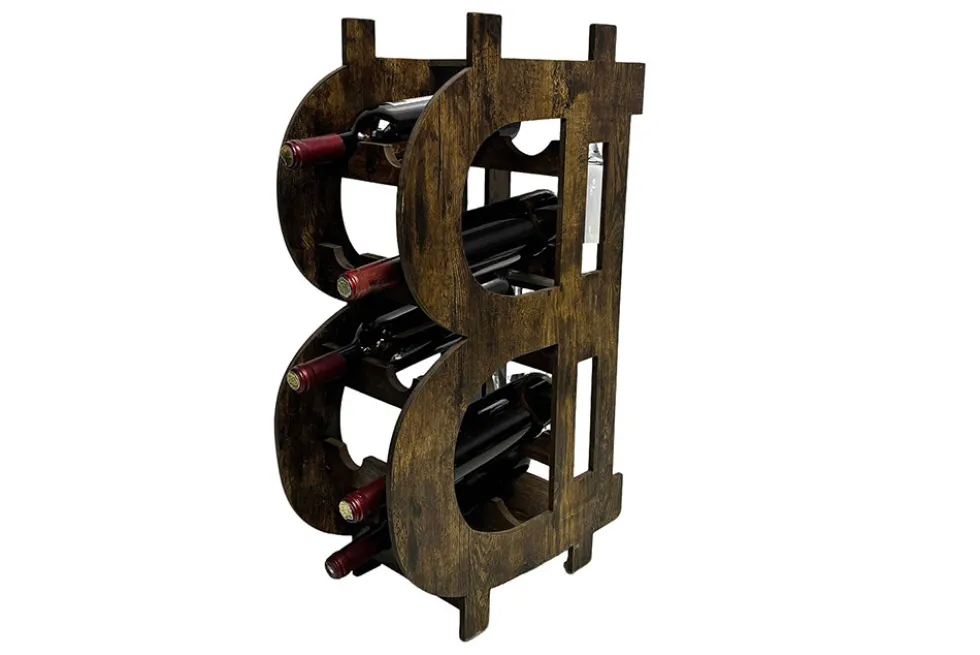 Stilvolles Weinregal BITCOIN 70cm natur Holzregal für 10 Flaschen und 4 Gläser