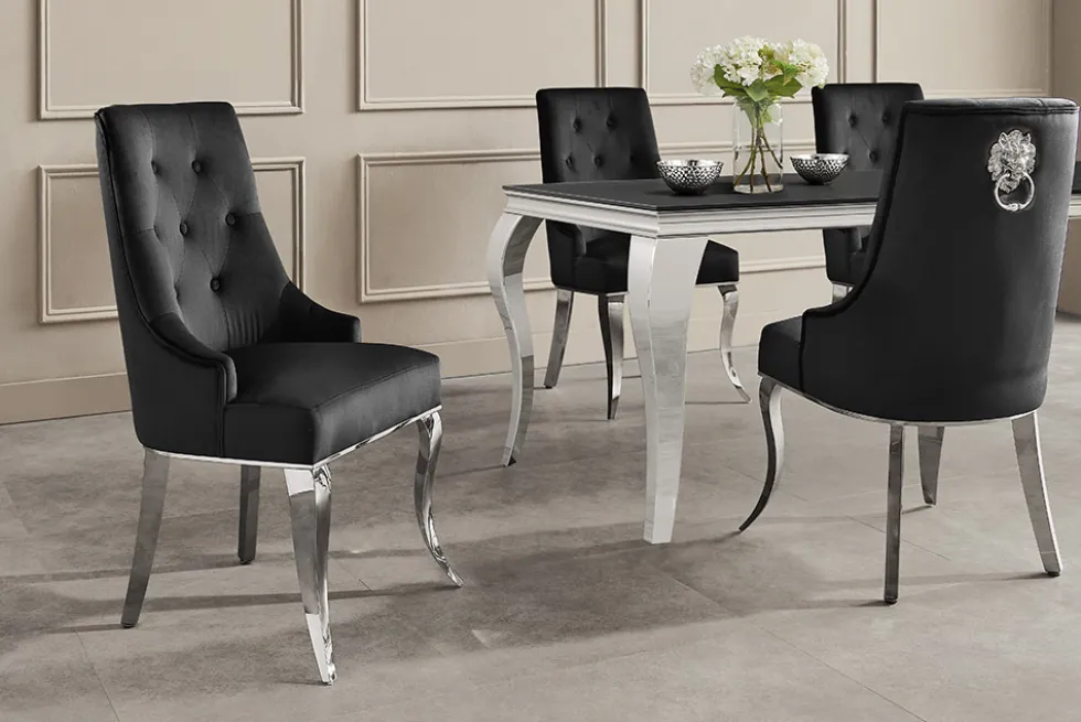 Stuhl MODERN BAROCK DELUXE schwarz Samt silber Edelstahlbeine mit Löwenkopf