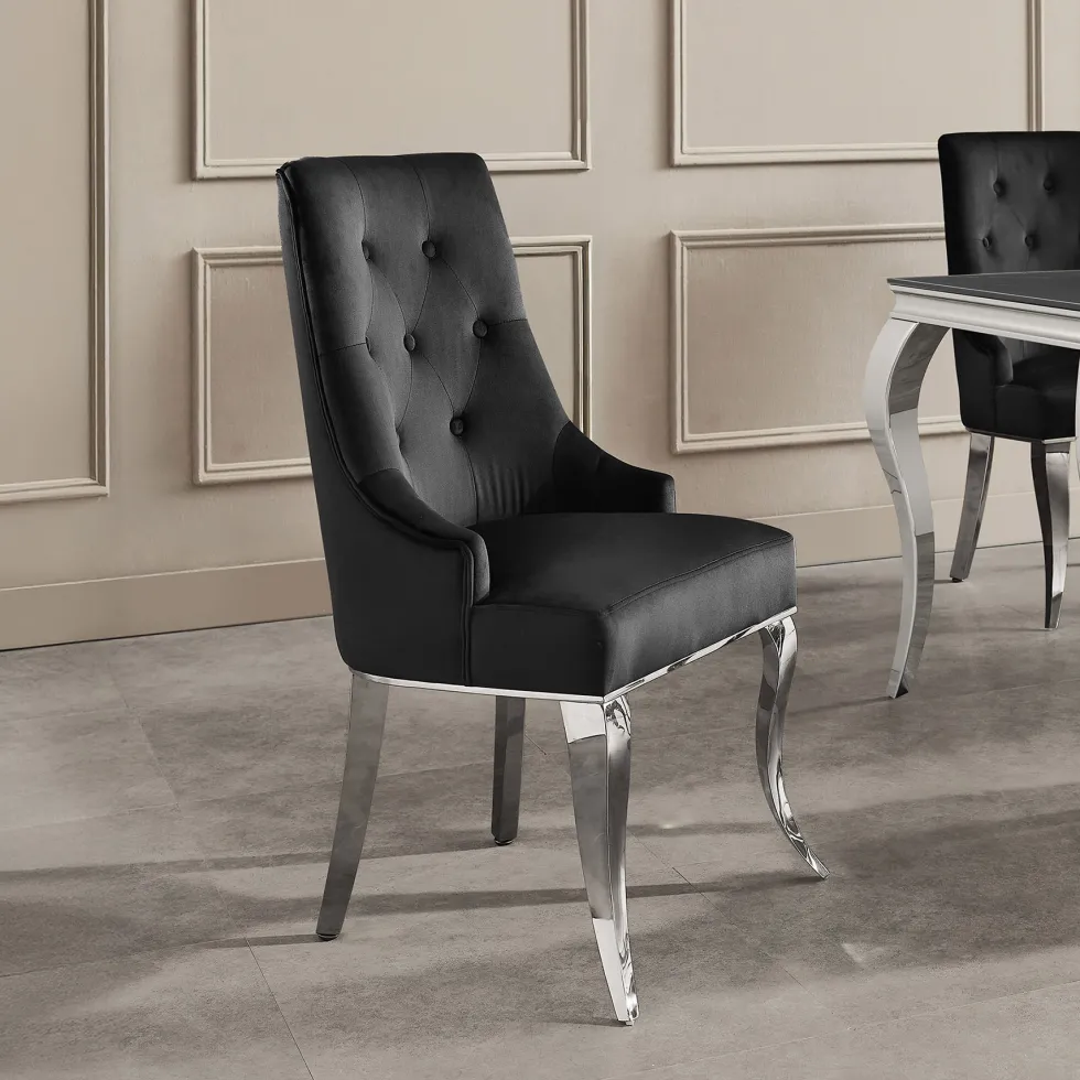 Stuhl MODERN BAROCK DELUXE schwarz Samt silber Edelstahlbeine mit Löwenkopf