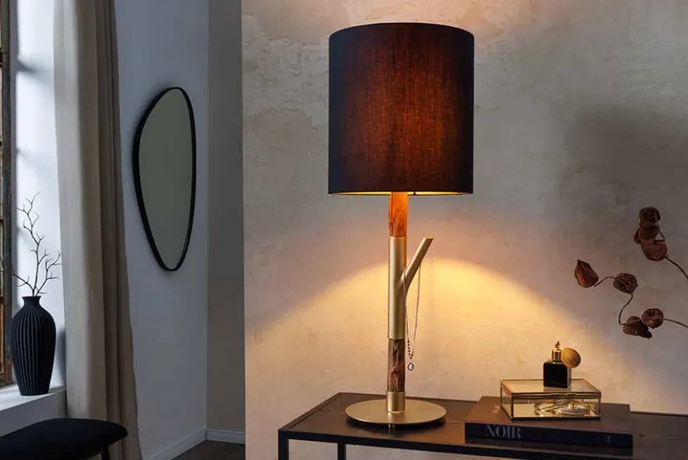 Tischlampe JEWELRY 75cm schwarz gold natur Eisenholz Massivholz
