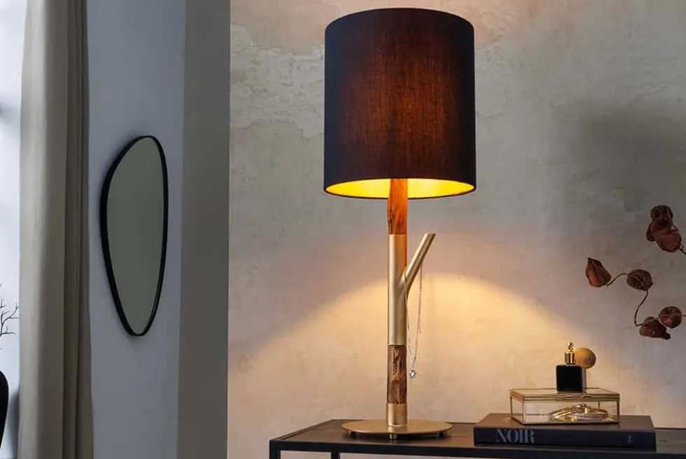 Tischlampe JEWELRY 75cm schwarz gold natur Eisenholz Massivholz