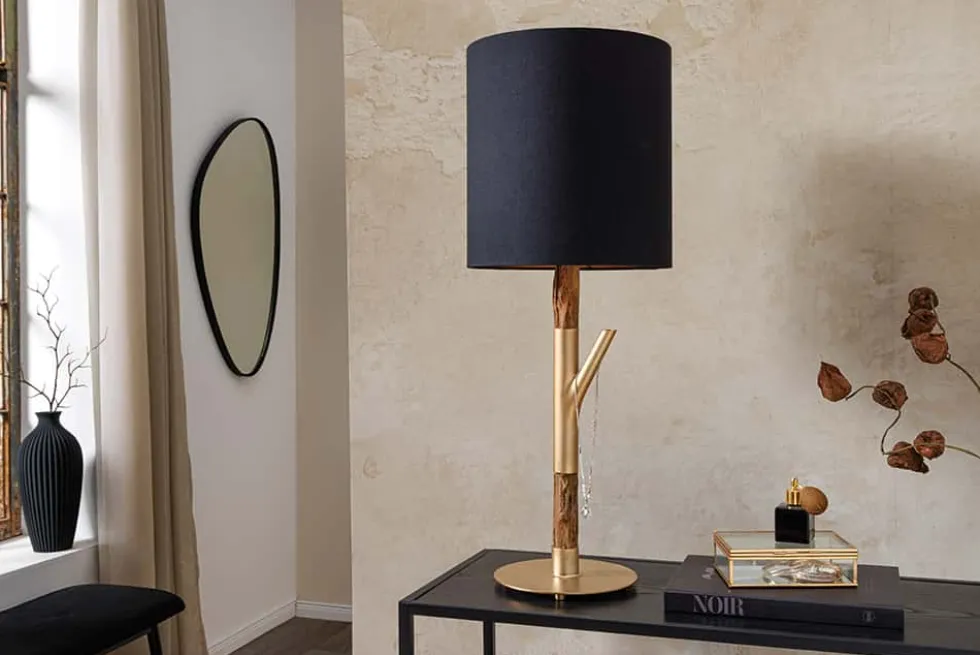 Tischlampe JEWELRY 75cm schwarz gold natur Eisenholz Massivholz