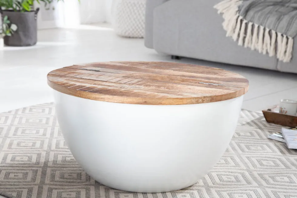 Upcycling Design Couchtisch INDUSTRIAL STORAGE 70cm weiß Mangoholz handmade