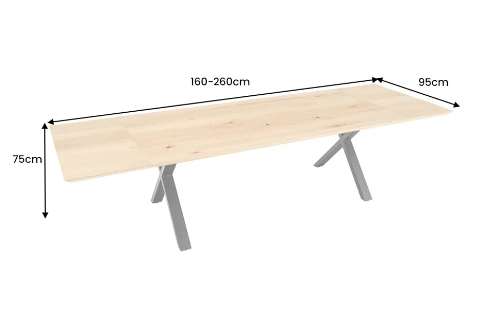 Verlängerbarer Esstisch WILD OAK 160-260cm natur Wildeiche Schweizer Kante X-Gestell