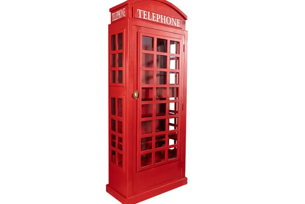 Vintage Barschrank TELEPHONE 200cm rot Mangoholz massiv englische Telefonzelle Vitrine