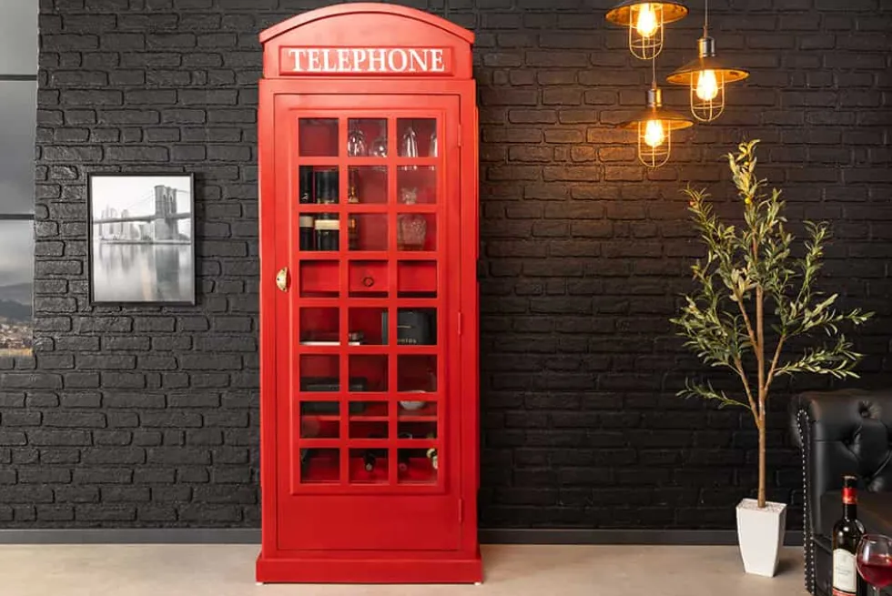 Vintage Barschrank TELEPHONE 200cm rot Mangoholz massiv englische Telefonzelle Vitrine