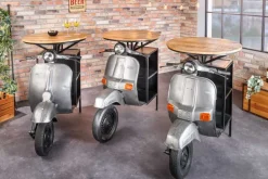 Vintage Bartisch UPCYCLING SCOOTER 120cm silber Mangoholz rund handmade