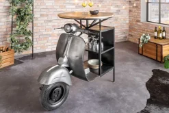 Vintage Bartisch UPCYCLING SCOOTER 120cm silber Mangoholz rund handmade