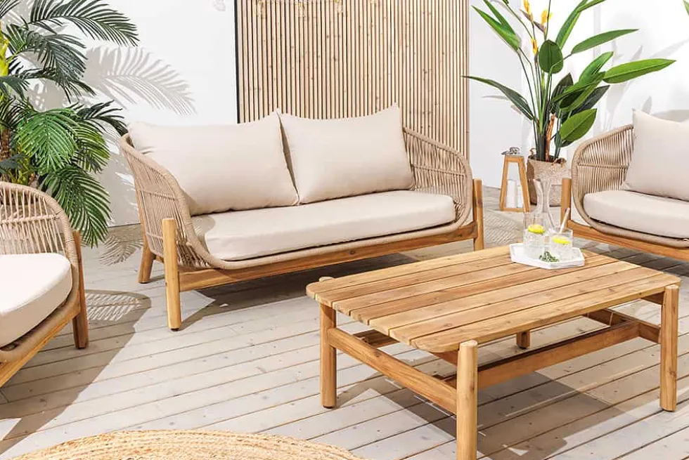 Wetterfestes Gartenlounge Set ROPE natur beige Akazienholz Aluminium inkl. Tisch Sitzpolster