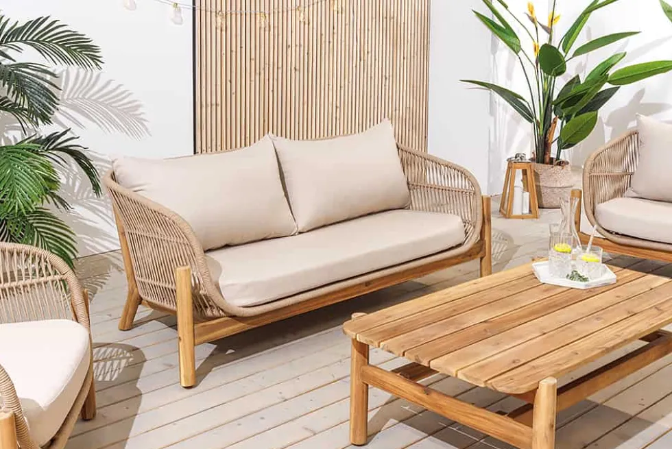 Wetterfestes Gartenlounge Set ROPE natur beige Akazienholz Aluminium inkl. Tisch Sitzpolster