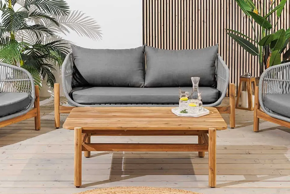 Wetterfestes Gartenlounge Set ROPE grau natur Akazienholz Aluminium inkl. Tisch Sitzpolster