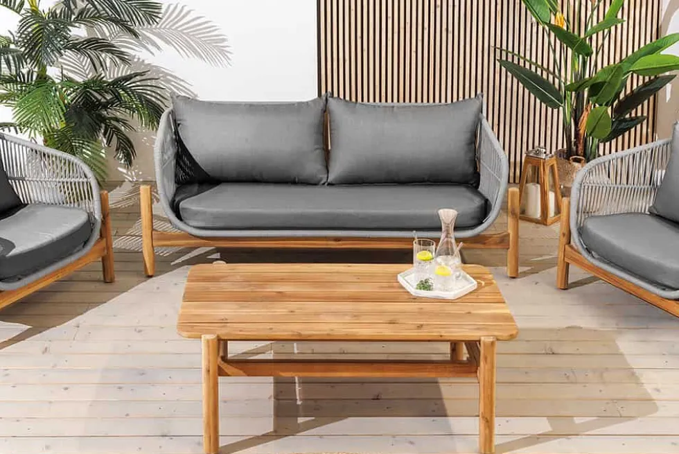 Wetterfestes Gartenlounge Set ROPE grau natur Akazienholz Aluminium inkl. Tisch Sitzpolster
