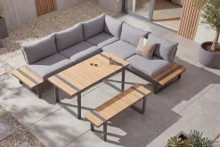 Wetterfestes Gartenmöbel Set TAMPA LOUNGE 250cm grau Aluminium inkl. Sitzbank Tisch Kissen