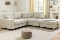Wohnlandschaft KENT 220cm beige Strukturstoff Ecksofa Federkern inkl. Hocker