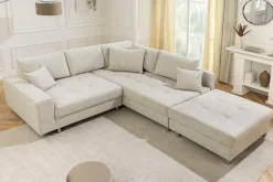 Wohnlandschaft KENT 220cm beige Strukturstoff Ecksofa Federkern inkl. Hocker