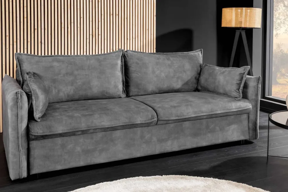 XXL Sofa mit Schlaffunktion APARTMENT grau Samt inkl. Bettkasten und Kissen
