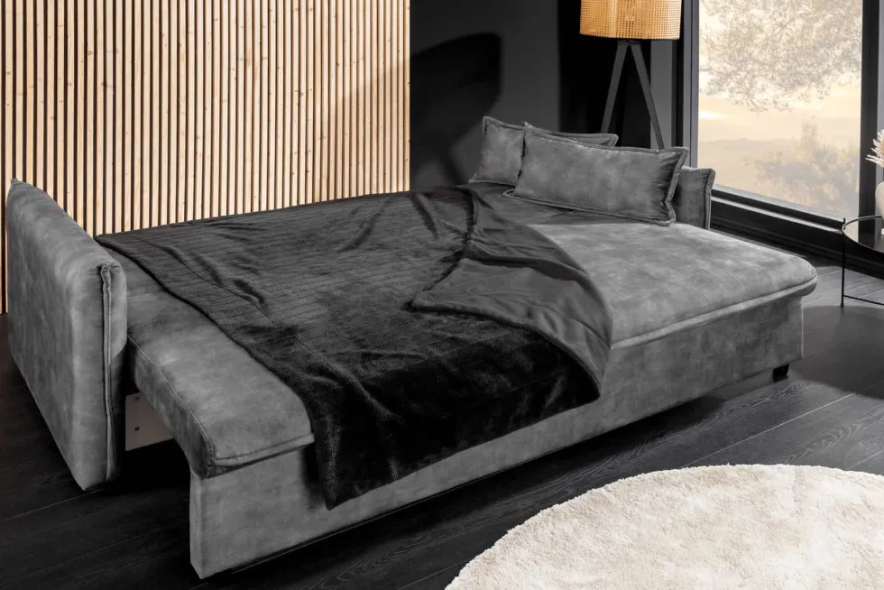 XXL Sofa mit Schlaffunktion APARTMENT grau Samt inkl. Bettkasten und Kissen