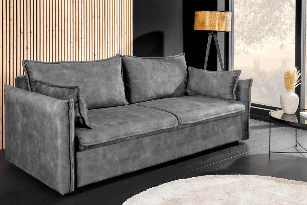 XXL Sofa mit Schlaffunktion APARTMENT grau Samt inkl. Bettkasten und Kissen