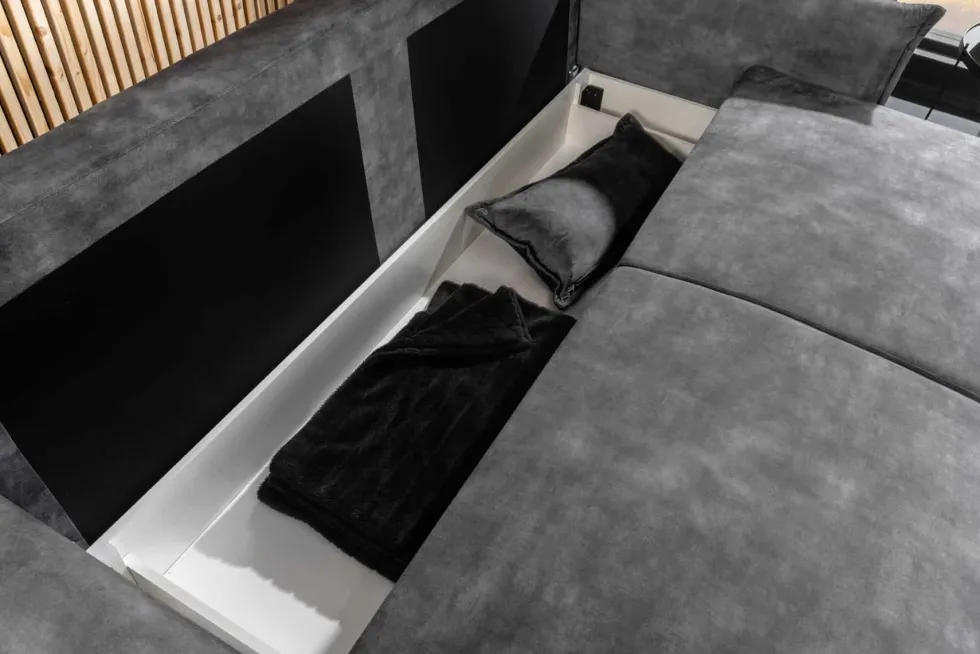 XXL Sofa mit Schlaffunktion APARTMENT grau Samt inkl. Bettkasten und Kissen