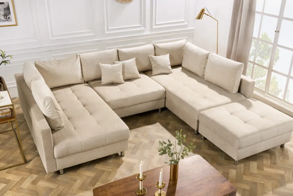 XXL Wohnlandschaft KENT 305cm champagner beige Vogue Velours Samt Federkern mit Hocker