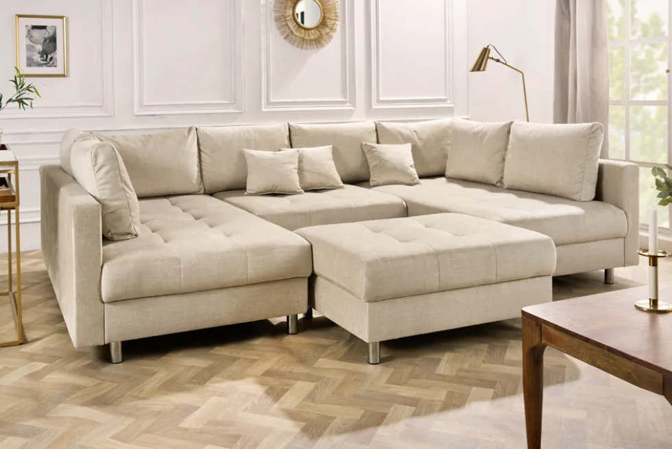 XXL Wohnlandschaft KENT 305cm champagner beige Vogue Velours Samt Federkern mit Hocker