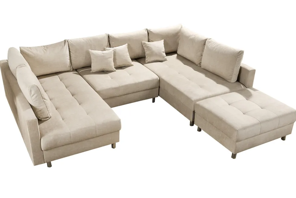 XXL Wohnlandschaft KENT 305cm champagner beige Vogue Velours Samt Federkern mit Hocker