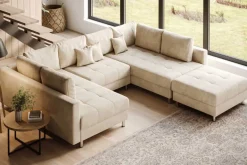 XXL Wohnlandschaft KENT 305cm champagner beige Vogue Velours Samt Federkern mit Hocker