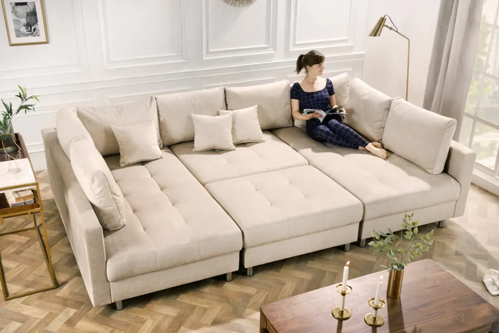 XXL Wohnlandschaft KENT 305cm champagner beige Vogue Velours Samt Federkern mit Hocker