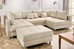 XXL Wohnlandschaft KENT 305cm champagner beige Vogue Velours Samt Federkern mit Hocker