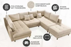 XXL Wohnlandschaft KENT 305cm champagner beige Vogue Velours Samt Federkern mit Hocker