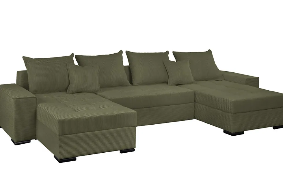 XXL Wohnlandschaft LODGE 315cm grün Cord Sofa mit Schlaffunktion und Stauraum