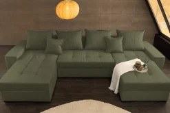 XXL Wohnlandschaft LODGE 315cm grün Cord Sofa mit Schlaffunktion und Stauraum