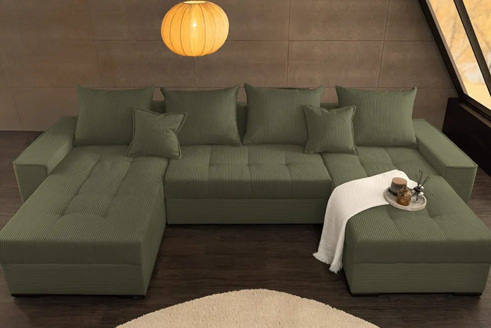 XXL Wohnlandschaft LODGE 315cm grün Cord Sofa mit Schlaffunktion und Stauraum