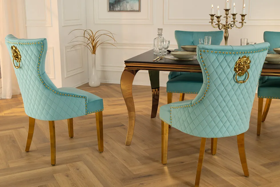 Barock Stuhl CASTLE DELUXE blau Samt gold Edelstahl mit Löwenkopf Chesterfield
