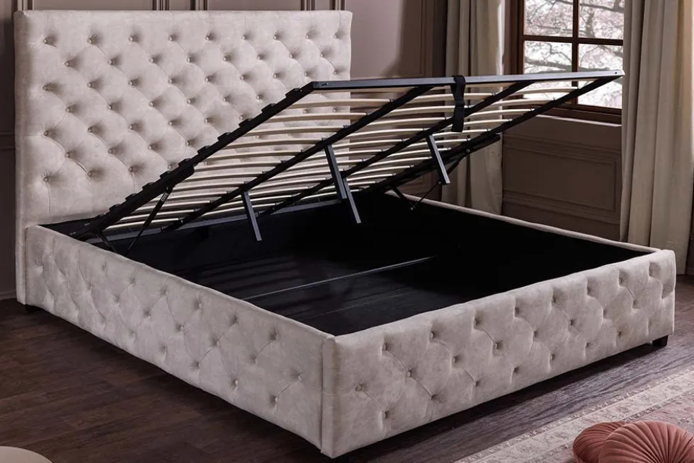 Design Boxbett PARIS 180x200cm champagner beige Samt mit Stauraum und Lattenrost