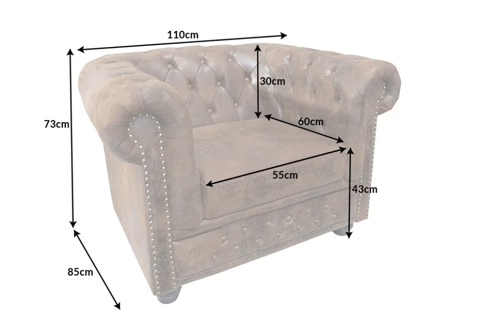Design Sessel CHESTERFIELD 110cm matt schwarz Knopfheftung Federkern