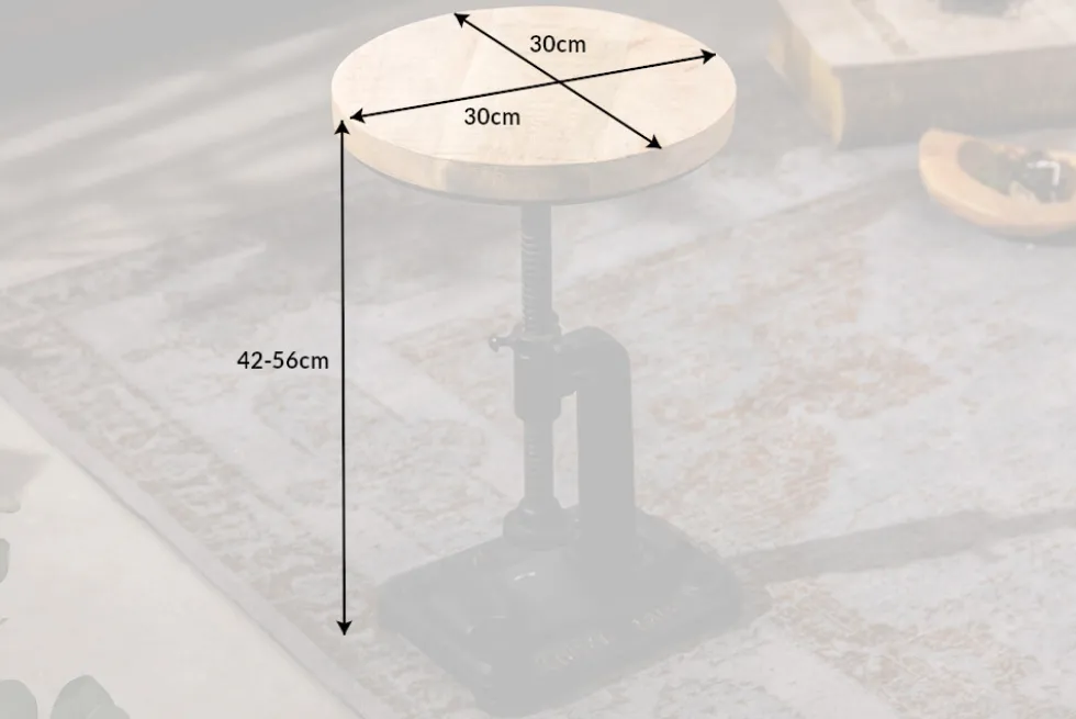Höhenverstellbarer Beistelltisch ENGINEER 30cm Mangoholz Industrial Design massiv rund Eisen