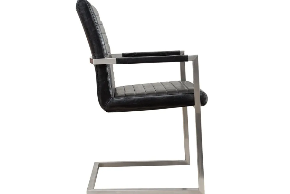 Industrial Freischwinger Stuhl LOFT antik schwarz Kunstleder mit Armlehne Edelstahl