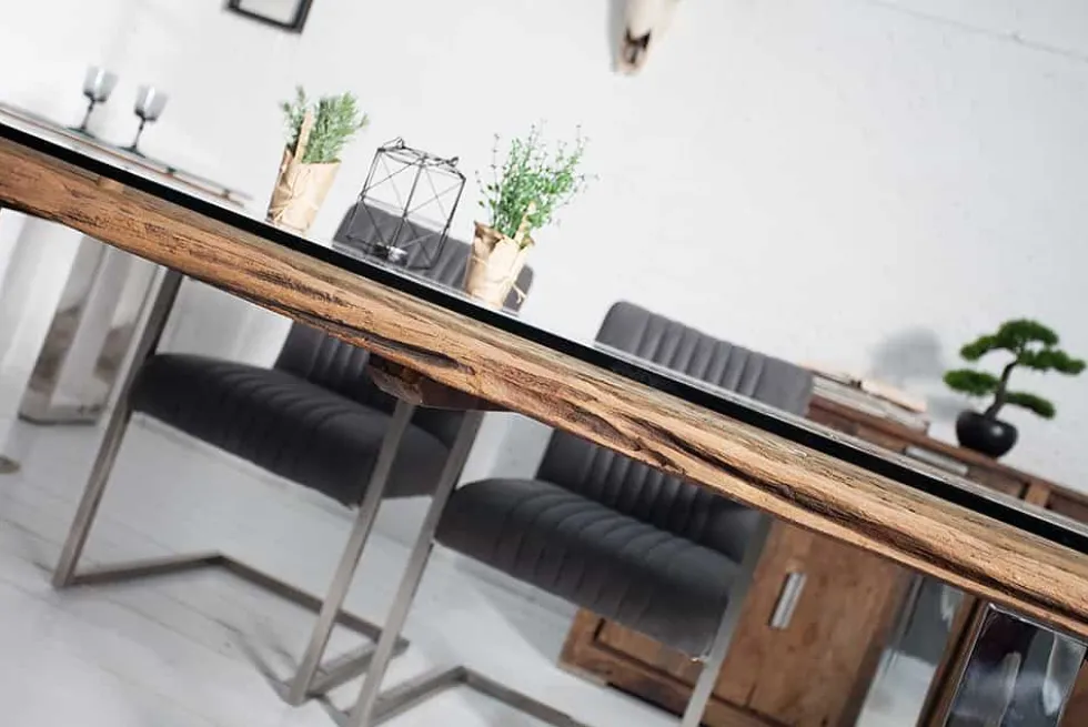 Massiver Esstisch BARRACUDA 240cm antik Teak Holz mit Stahl Kufenfüßen inkl. Glasplatte