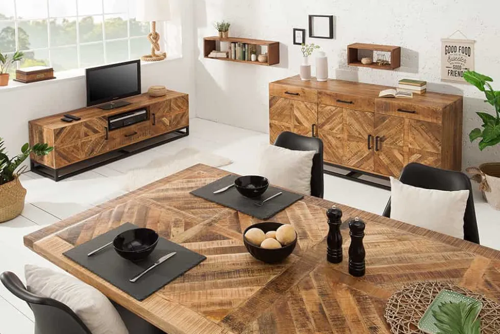 Massiver Esstisch INFINITY HOME 160cm natur schwarz Mangoholz Industrial Design X-Gestell