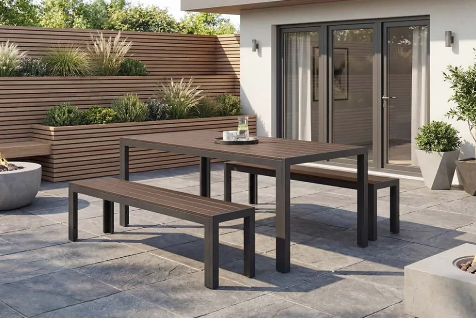 Moderne Gartenbank DESIGNO 180cm dunkelbraun schwarz Aluminium wetterfest Outdoor Sitzbank