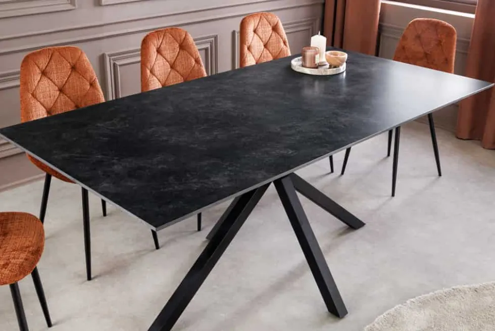 Moderner Esstisch GALAXIE 160cm anthrazit Keramik schwarz Metall Sterngestell