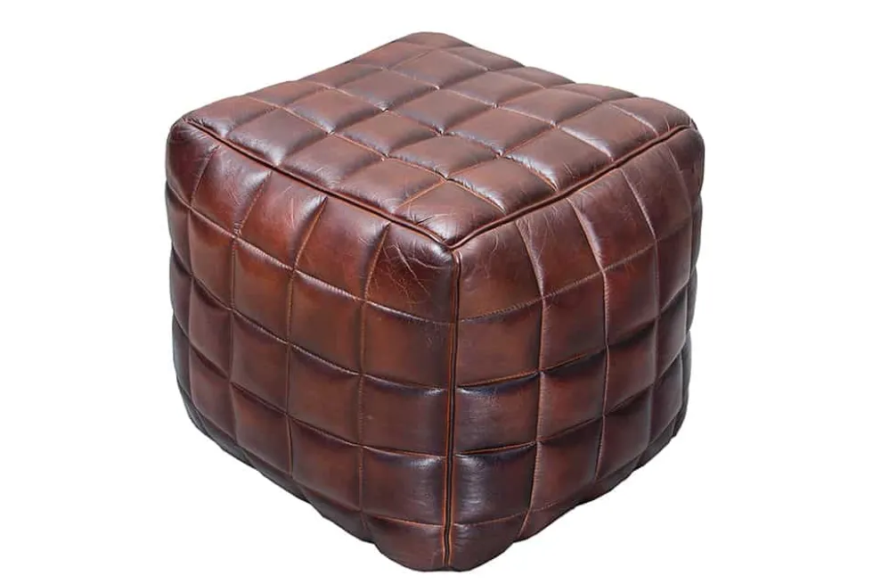Retro Hocker RIDER 40cm braun Echtleder mit Ziersteppung