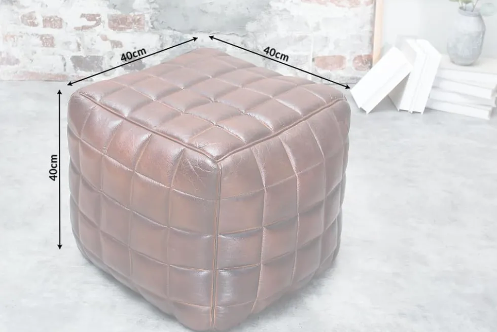 Retro Hocker RIDER 40cm braun Echtleder mit Ziersteppung