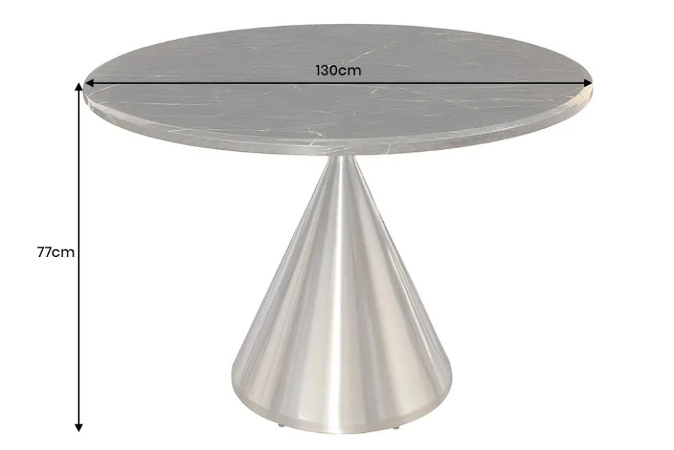 Runder Esstisch ELEGANCIA 130cm schwarz Marmor chrom Stahl mit Säulenfuß